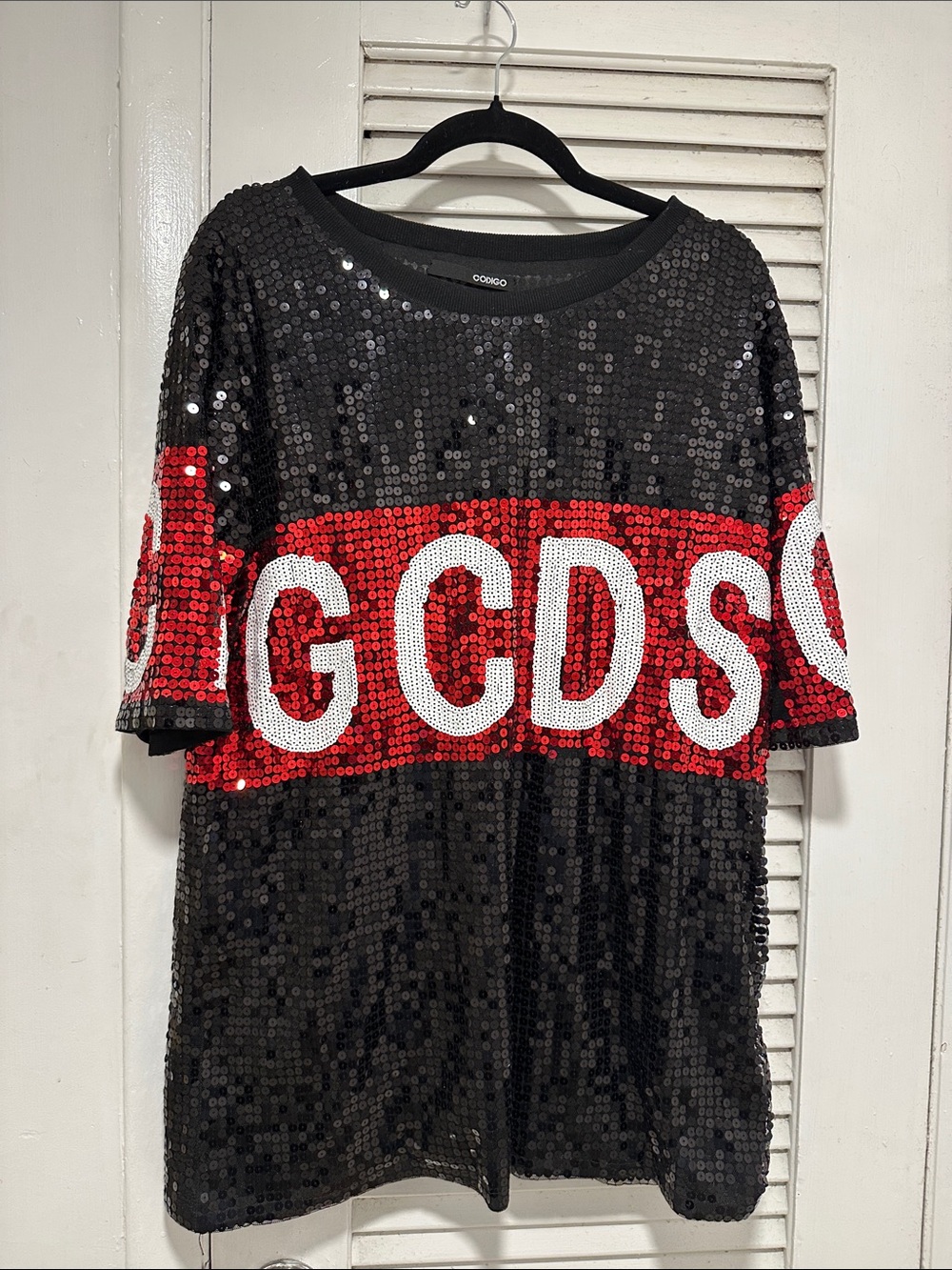 Codigo Black Sequin Logo Tee with Red Stripe